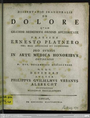Dissertatio Inauguralis De Dolore