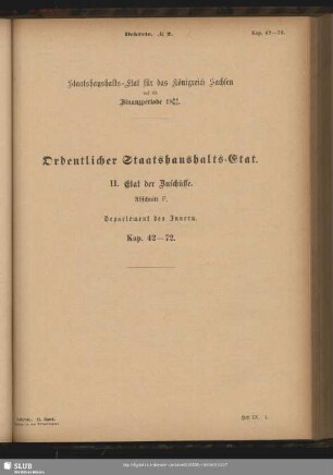 II. Etat der Zuschüsse. Abschnitt F. Departement des Innern. Kap. 42-72