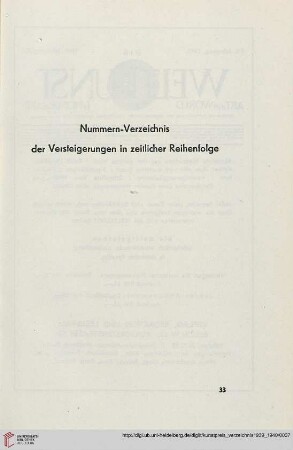 Nummern-Verzeichnis der Versteigerungen in zeitlicher Reihenfolge