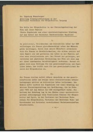 Die Rolle der Körperkultur in der Freizeitgestaltung der Frau und ihrer Familie
