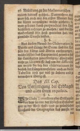Das III. Cap. Verfertigung der Erdkugel und allen ihren requisitis.