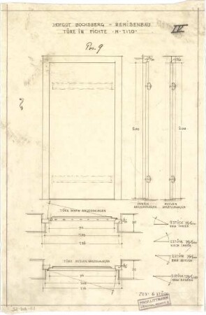 Littmann, Max; Bocksberg; Hofgut, Remisenbau - Tür in Fichte (Grundrisse, Ansicht, Schnitt, Details)