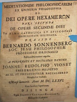 Meditationum Philosophicarum Ex Universa Philosophia De Dei Opere Hexamerōn Pars ..., 2. De Opere Secundae Diei