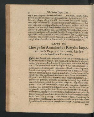 Caput XII. Quo pacto antichristus Regalia Imperatorum & Regum ad se rapuerit, & in specie de Investitura Clericorum.