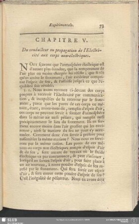 Chapitre V. Du conducteur ou propagation de l'Electricité aux corps non-électriques
