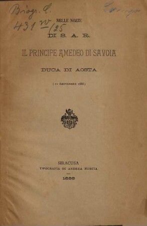Versi : Nelle Nozze di S. A. R. il principe Amedeo di Savoia, duca di Aosta. [Amadeus]