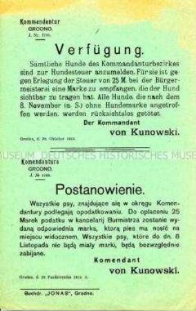Maueranschlag mit einer Bekanntmachung über die Erhebung einer Hundesteuer (deutsch und polnisch)