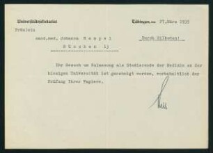 Gesuch um Zulassung zur Immatrikulation (27.03.1935)