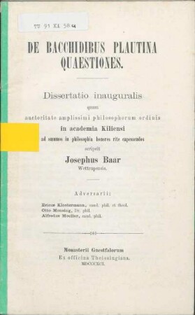 De Bacchidibus Plautina quaestiones