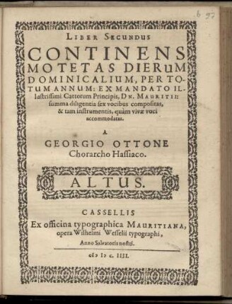 Georg Otto: Liber secundus continens motetas dierum dominicalium ... Altus