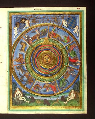 Astrolabium mit drehbarer Scheibe zur Bestimmung der Planetenstunden; Putten als Wappenhalter: Wappenschilde Pfalz und Bayern; zwei sitzende nackte Frauen mit Einhorn und Hirsch in einer von Tieren bevölkerter Landschaft