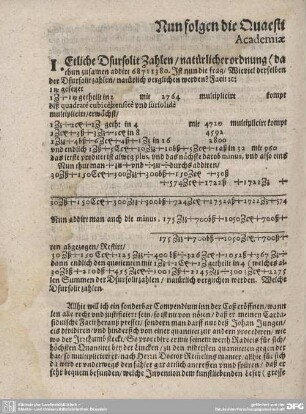 Nun folget die Quaestiones oder Fragen dieser Acadmiae Algebranicae.