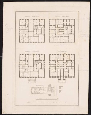 Wohnhaus Busse, Berlin-Tiergarten: Lageplan, Grundrisse des ersten, zweiten und dritten Geschosses