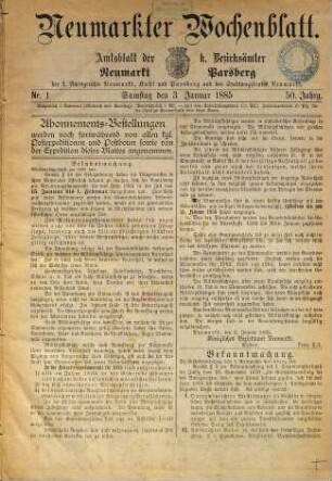 Neumarkter Wochenblatt : nationale Tageszeitung für die südwestliche Oberpfalz ; ältestes Heimatblatt ; Neumarkter Volkszeitung. 1885 = Jg. 50