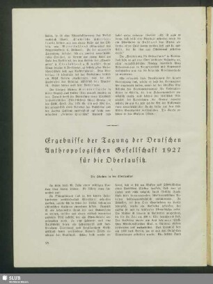Ergebnisse der Tagung der Deutschen Anthropologischen Gesellschaft 1927 für die Oberlausitz