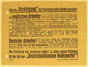 Programmatischer Wahlaufruf der Deutschnationalen Volkspartei mit Bezug auf Arbeiterstreiks in Schottland, Amerika und Frankreich und auf die Internationale Solidarität