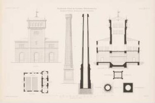 Norddeutsche Fabrik für Eisenbahn-Betriebsmaterial, Berlin: Grundriss, Ansicht, Schnitt CD, Detail (aus: Atlas zur Zeitschrift für Bauwesen, hrsg. v. G. Erbkam, Jg. 21, 1871)