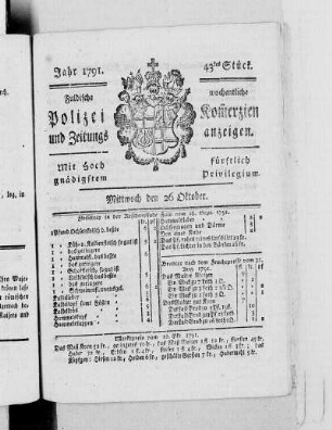 43tes Stück., Ausgabe vom 26. Oktober 1791