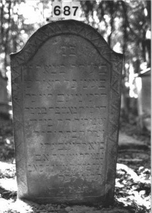 Grabstein 687 (Index: 99900526) Material: Sandstein Zustand: angewittert, stellenweise stark verwittert Maße HxBxT: 124x65x10 cm Beschreibung: Stele mit Konvexbogenabschluss, Rahmen mit Zackenfries Symbolik: Zackenfries: Grabstein 687