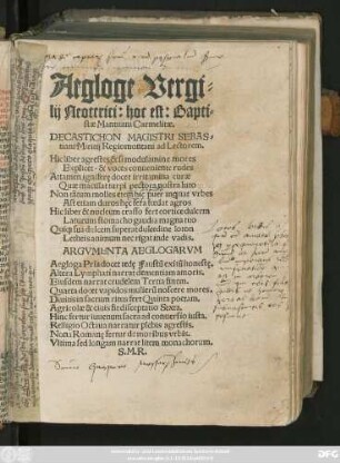Aegloge Vergi=||lij Neoterici: hoc est: Bapti=||stae Mantuani Carmelitae.|| ... ||