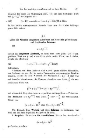§ 4. Über die Wurzeln imaginärer Ausdrücke und über ihre gebrochenen und irrationalen Potenzen.