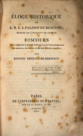 Éloge historique de A. M. F. J. Palisot de Beauvois