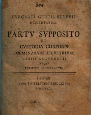 Schediasma de partu supposito et custodia corporis foeminarum illustrium