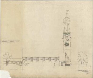 Gsaenger, Gustav; München - Obermenzing, Grünspechtstr. 13; Ev. Notkirche, Bethlehems Kirche, Pfarrhaus - Entwurf, Südseite (Ansicht)