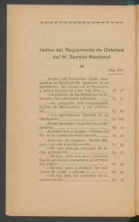 Índice del Reglamento de Debates del H. Senado Nacional
