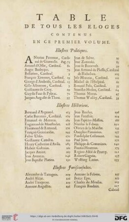 Table de Tous les Eloges contenus en ce Premier Volume