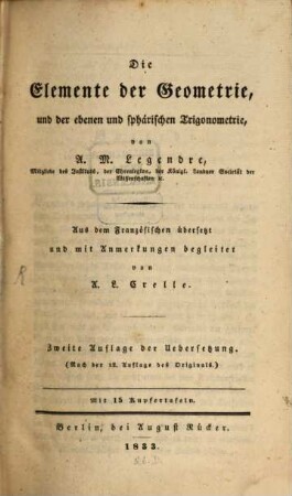 Die Elemente der Geometrie und der ebenen und sphärischen Trigonometrie : Mit 15 Kupfern