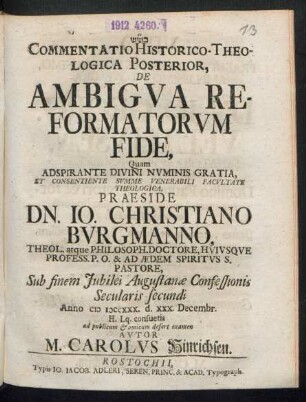 Commentatio 2: Commentatio Historico-Theologica Posterior De Ambigua Reformatorum Fide