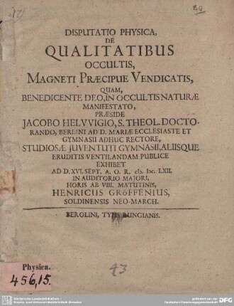Disputatio Physica, De Qualitatibus Occultis, Magneti Praecipue Vendicatis