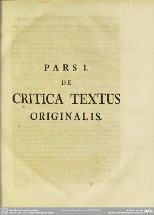 Pars I. De Critica Textus Originalis