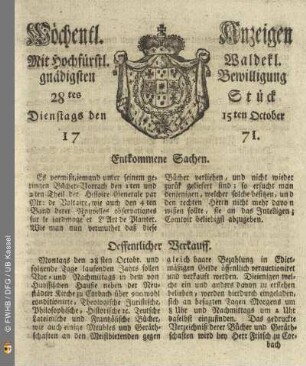 28tes Stück, Dienstags den 15ten October 1771