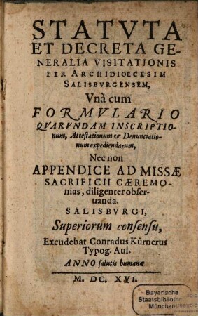 Statuta et decreta generalia visitationis per archidioecesim Salisburgensem