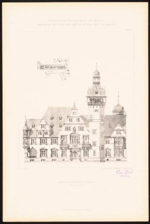 Herrschaftlicher Landsitz: Hauptansicht (aus: C. Schäfer, Die Bauhütte, Entwürfe im Stile des Mittelalters, 3. Bd., 1895, Blatt 55)