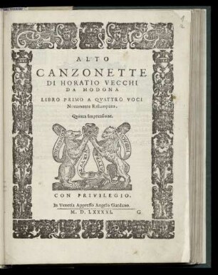 Orazio Vecchi: Canzonette ... Libro primo a quatro voci ... Quinta Impressione. Alto