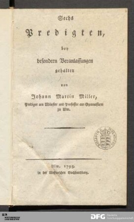 Sechs Predigten, bey besondern Veranlassungen gehalten