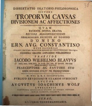 Dissertatio Oratorio-Philosophica Sistens Troporvm Cavsas Divisionem Ac Affectiones