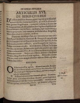 Articulus XVI. De Rebus Civilibus. Exegema.