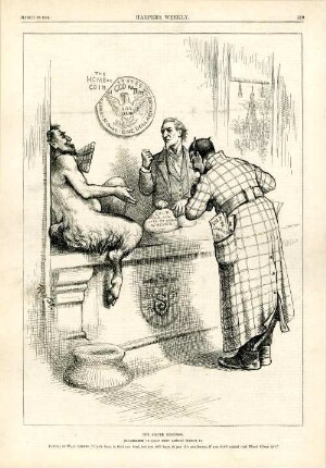 The silver delusion. ($ 4,500,000 in gold send abroad March 9.) Pan(ic) in Wall Street. "Uncle Sam, in God you trust, but you will have to pay this gentleman, if you don't repeal that Bland Silver Act." : Pan erklärt Uncle Sam, dass er den Teufel auf dessen Verlangen mit Golddollar bezahlen muss
