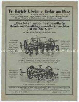 "Bartels" neue, bestbewährte Hebel- und Parallelogramm-Hackmaschine "GOSLARIA II" für Getreide, Rüben, Kartoffeln usw.