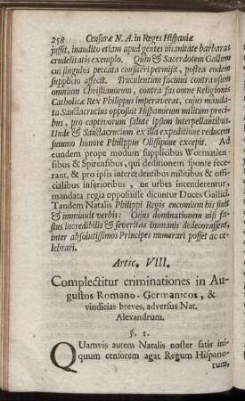 Artic. VIII. Complectitur criminationes in Augustos Romano Germanicos, & vindicias breves, adversus Nat. Alexandrum.