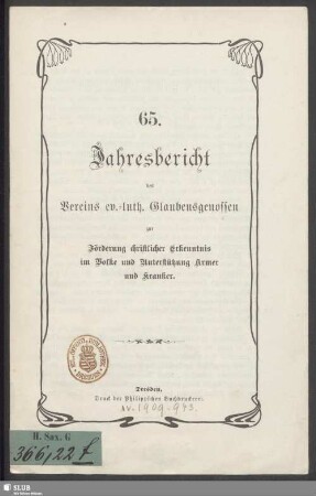 65.1906: Jahresbericht des Vereins Ev.-Luth. Glaubensgenossen zur Förderung Christlicher Erkenntnis im Volke und Unterstützung Armer und Kranker