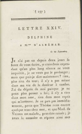 Lettre XXIV. Delphine à Mlle. d' Albémar, ce 20 Septembre.