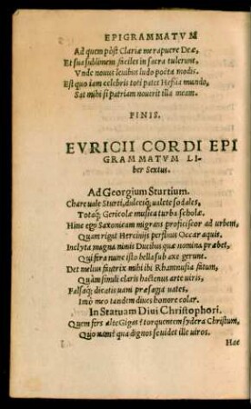 Euricii Cordi Epigrammatum Liber Sextus.