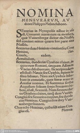 NOMINA MENSURARUM, AUthore Philippo Melanchthone.
