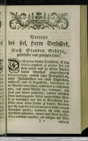 Vorrede des seel. Herrn Verfassers
