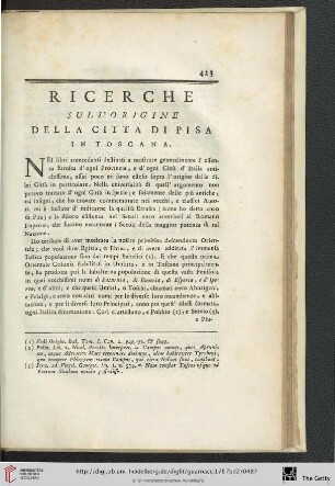 Ricerche sull'origine della citta di Pisa in Toscana